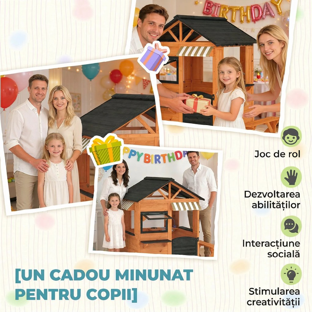 AIYAPLAY Căsuță de Grădină pentru Copii din Lemn de Brad, Căsuță pentru Exterior cu Bucătărie, 4 Ferestre, Ușă Parțială, Bancă, Raft și Acoperiș, pentru Copii 3-8 Ani, 171.5x146x156 cm, Maro | Aosom Romania