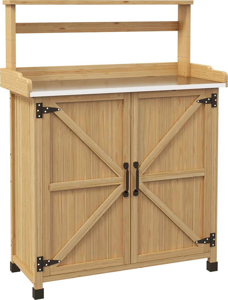 Outsunny Masa de repicare masa de grădinărit cu dulap și rafturi și blat pietre antidrapante din lemn de brad galben | Aosom Romania