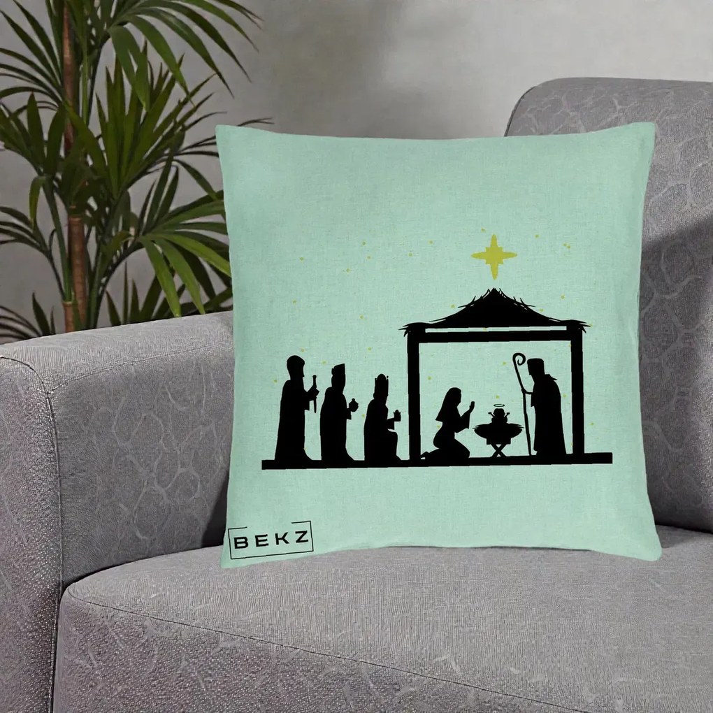 Perna Decorativa Nasterea Pruncului Silueta Neagra si Stea Aurie, 40x40 cm, Verde Menta, Husa Detasabila, Perna Inclusa, BEKZ®