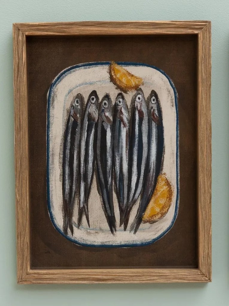 Set 2 tablouri vintage cu sardine din lemn și sticlă, natur, cu ilustrații imprimate pe hârtie, 40x30x2 cm, „Sardine"