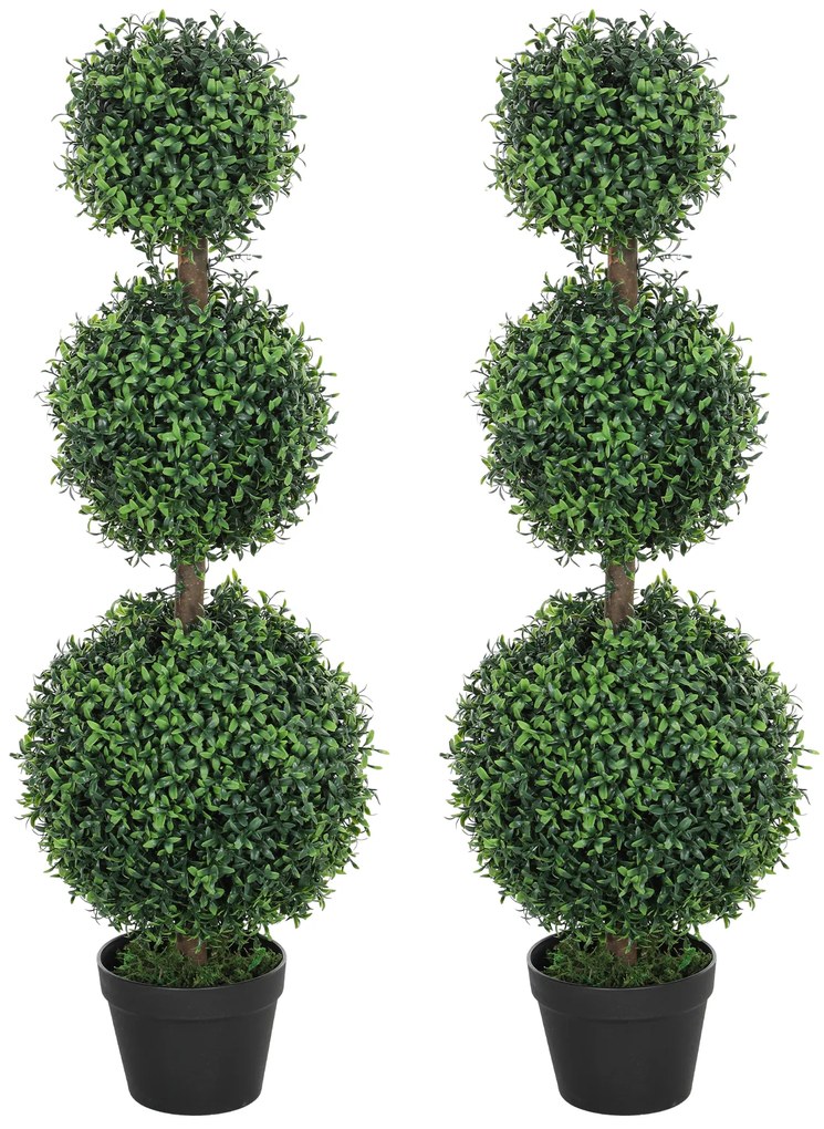 HOMCOM Lot de 2 arbori artificiali 101,6 cm 3 bușoni de buxus topiaires plantă falsă verde PE cu ghiveci interior și exterior | Aosom Romania