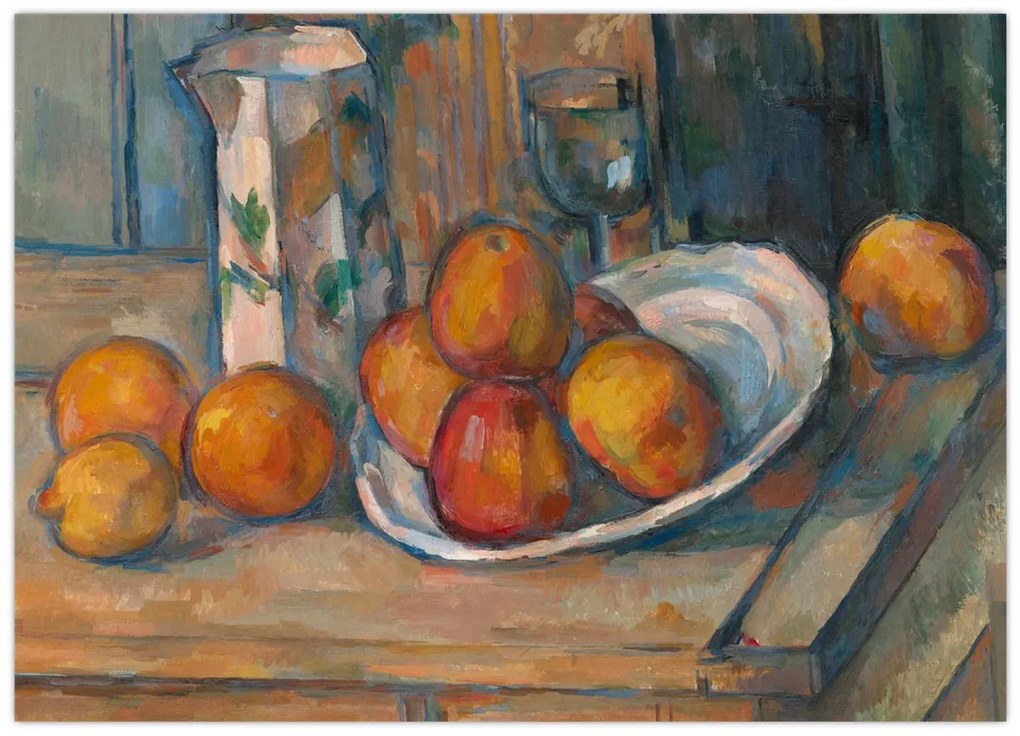 Tablou pe sticlă - Paul Cézanne, Still Life with Milk Jug and Fruit, reproducere (70x50 cm)