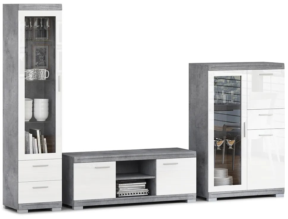Mazzoni Mobilier perete SIMPLE Beton Millennium/Alb Luciu - COMODĂ TV VITRINĂ COMODĂ PENTRU LIVING