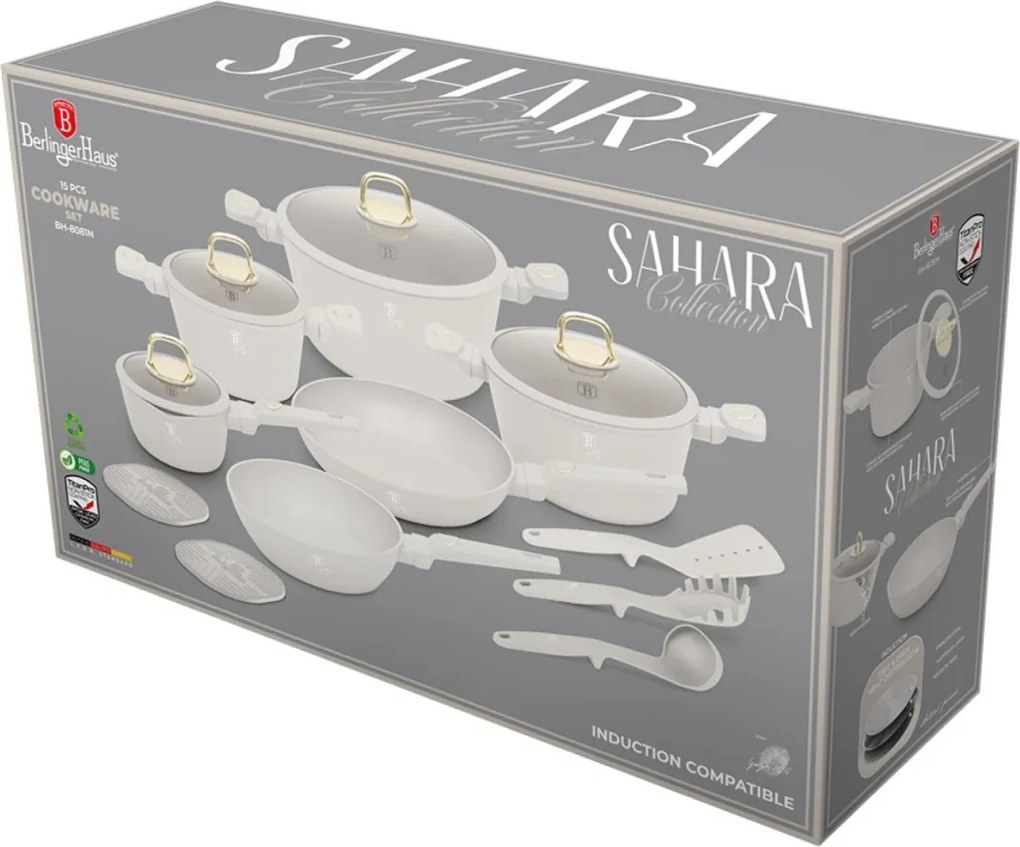 Set oale si tigai cu capace 15 piese Sahara Collection Berlinger Haus BH 8081N, crem, antiaderente, curatare usoara, inductie, design elegant, premium