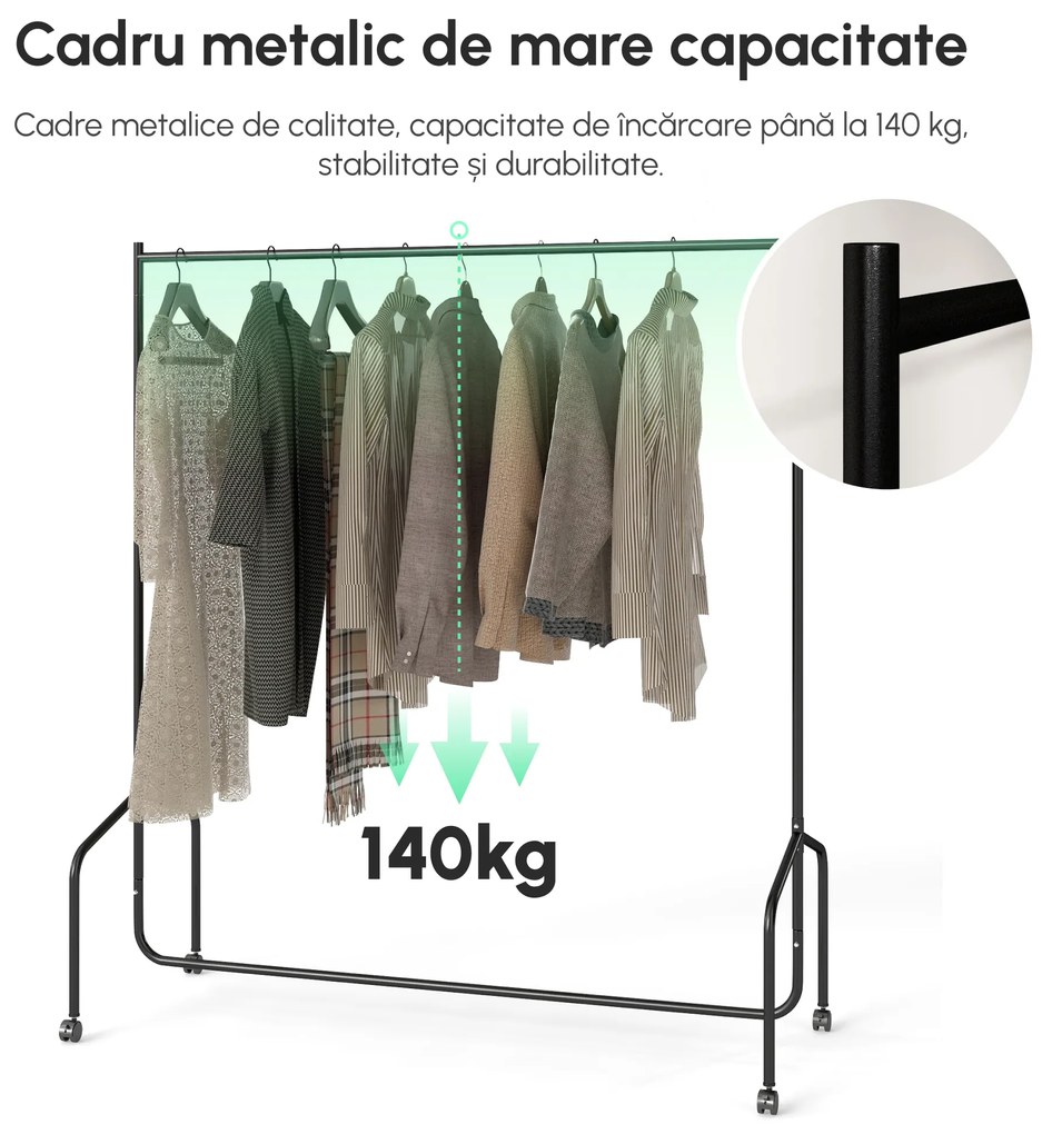 HOMCOM Suport pentru haine cu 4 roți de fier, 150x60x150cm | Aosom Romania