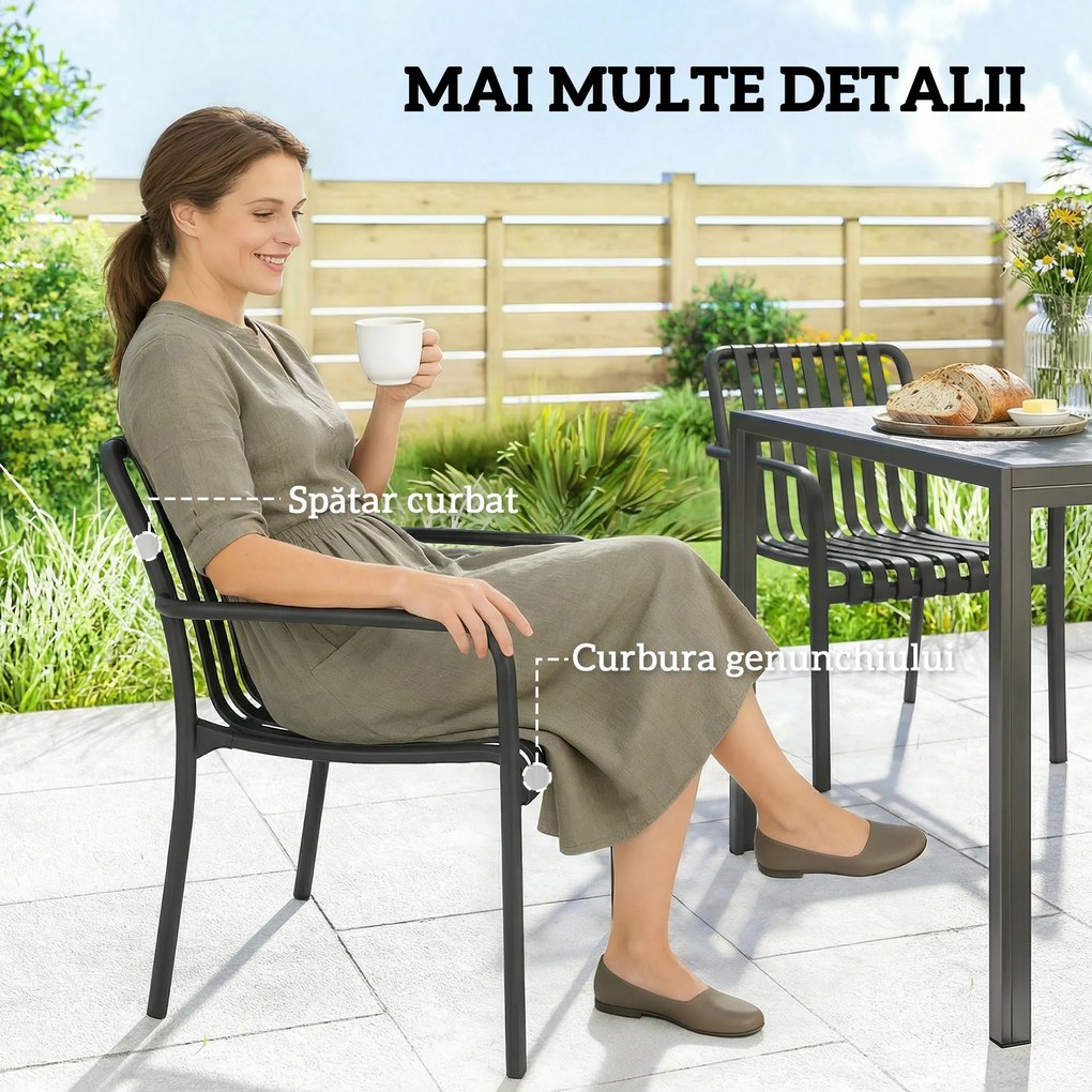 Set 4 Scaune de Grădină Outsunny Stivuibile din PP Rezistent la Razele UV, Scaune de Luat Masa pentru Exterior cu Spătar Ergonomic cu Lamele și Brațe, pentru Terasă, Balcon, Grădină, 55x58,5x81,5 cm, Negru | Aosom Romania