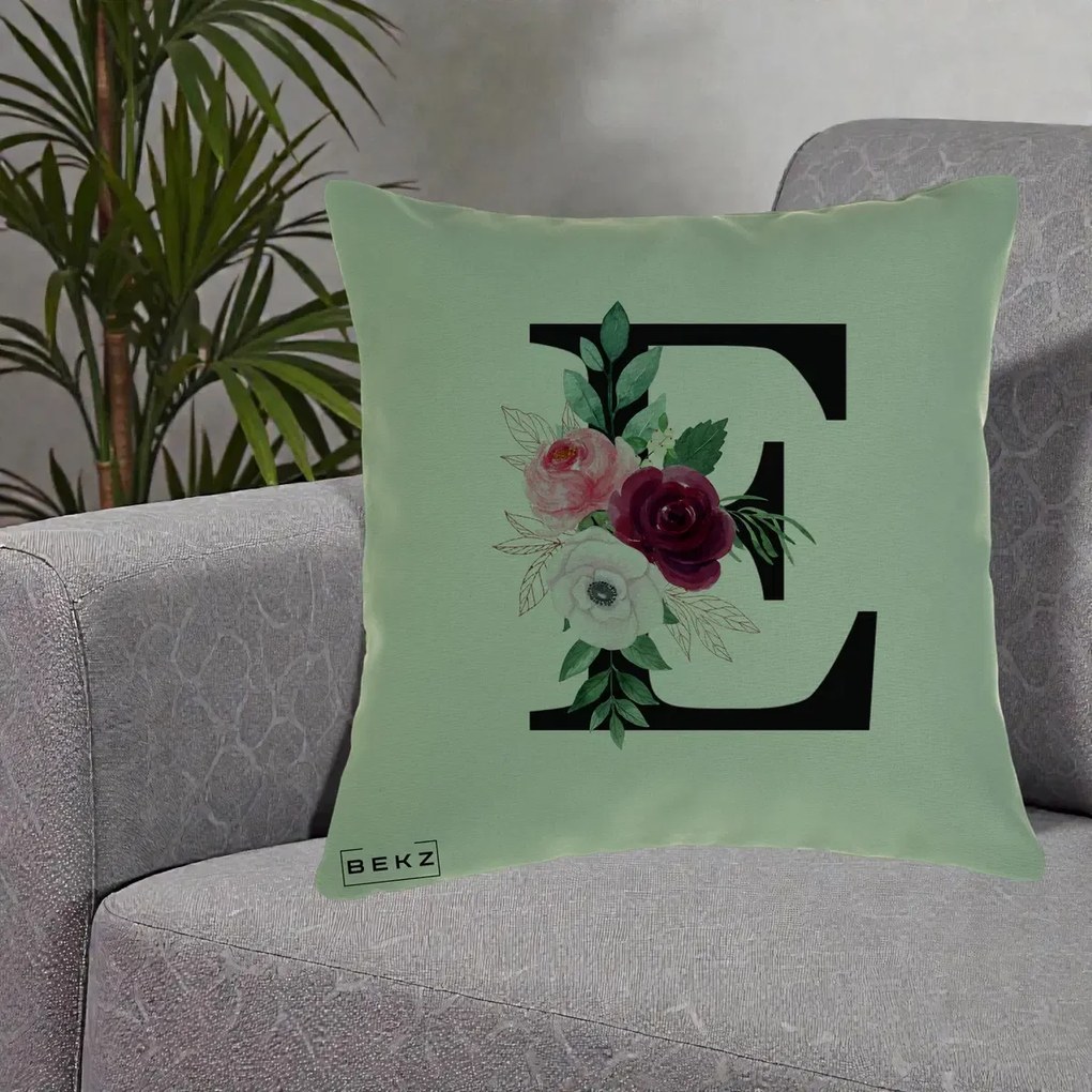 Cadou Personalizat - Perna Personalizata Monograma Florala Litera E, 40x40 cm, Verde, Husa Detasabila, Perna Inclusa, BEKZ®
