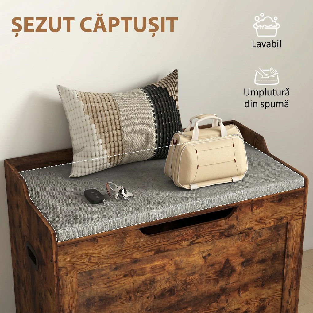 HOMCOM Bancă de Depozitare de 103L Multifuncțională, nuanță de Lemn cu Pernă din Țesătură Gri, 75x40x56 cm | Aosom Romania