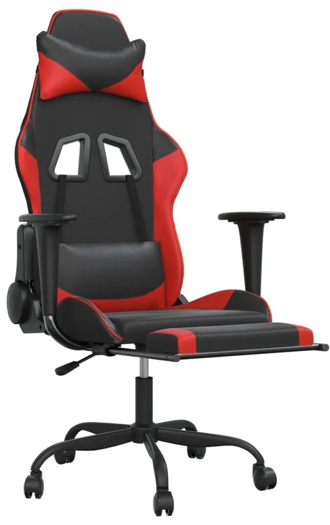 Scaun de gaming cu masaj suport picioare, negru rosu, piele eco