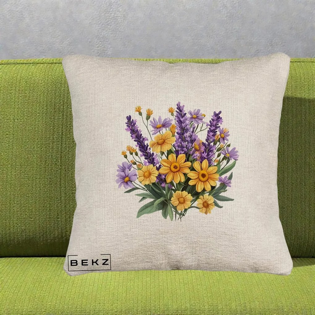 Perna Decorativa Lavanda cu Margarete Galbene si Lila, 40x40 cm, Bej Canapea, Husa Detasabila, Perna Inclusa, BEKZ®