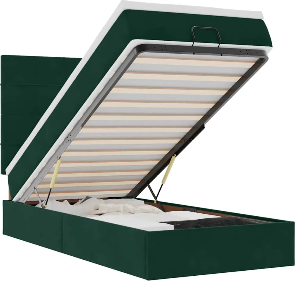 vidaXL Cadru de pat otoman cu saltele, catifea verde închis 100x200cm