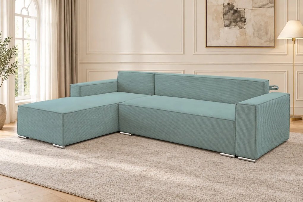 Colțar extensibil Livia Mini din catifea reiată, verde marin, colț pe stânga, cu ladă de depozitare