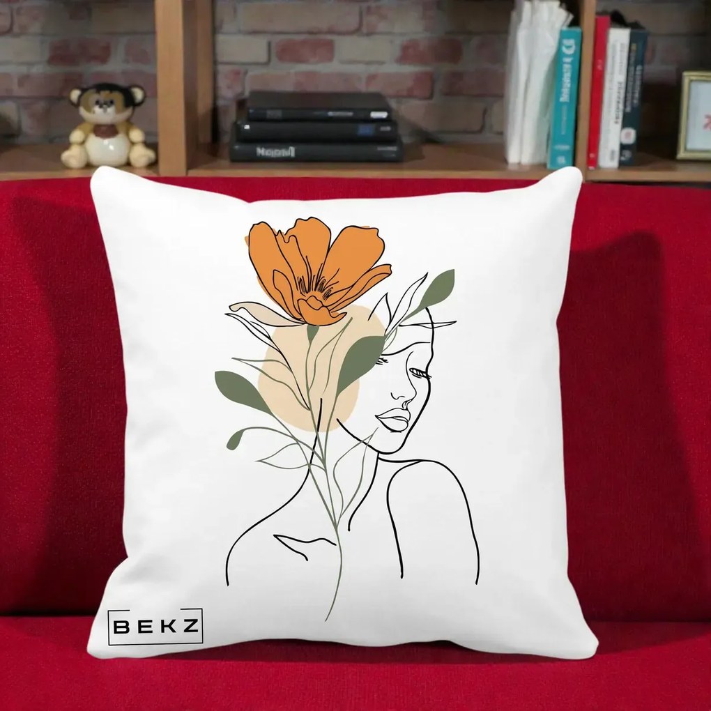 Perna Decorativa Portret Feminin Floare Portocalie, 40x40 cm, Alba Mata, Husa Detasabila, Perna Inclusa, BEKZ®