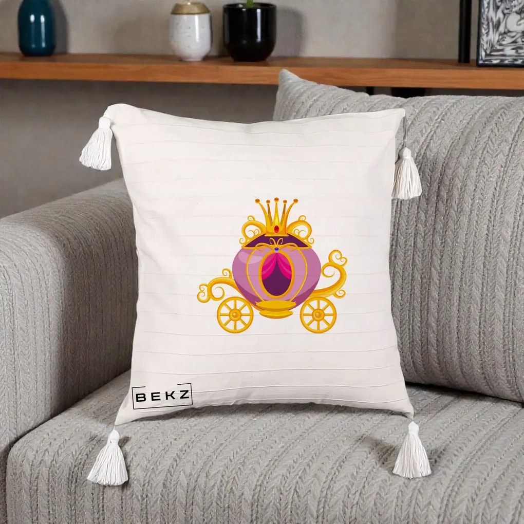 Perna Decorativa Trasura Regala Aurie, 40x40 cm, Bej cu Franjuri, Husa Detasabila, Perna Inclusa, BEKZ®