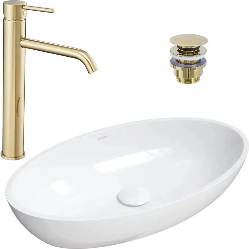 Pachet lavoar pe blat Omnires Siena M+ alb 60 cm, baterie lavoar Rea Lungo auriu si ventil lavoar Click-Clack auriu