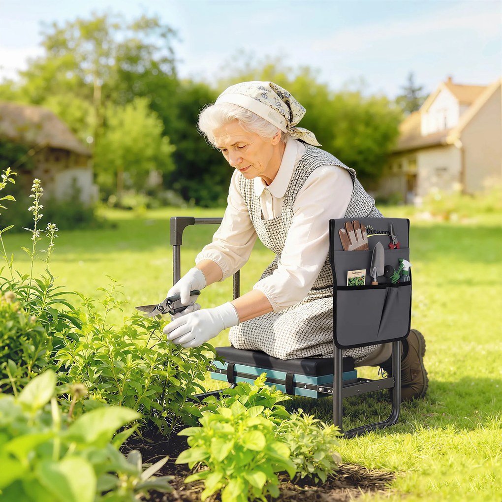 Outsunny Taburet de grădină pliabil cu perniță din spumă EVA Asiento de Jardín con Bolsa para Herramientas Gris Oscuro | Aosom Romania