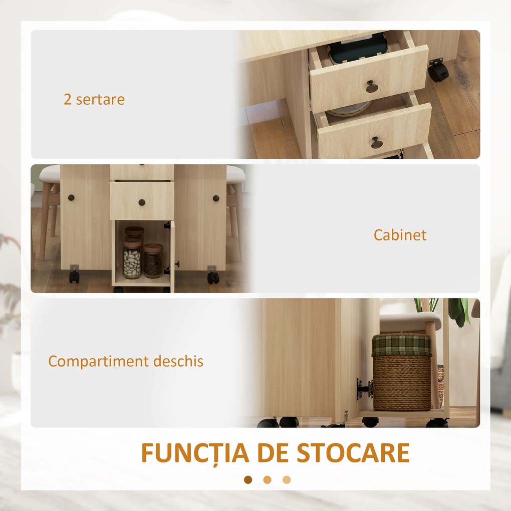 HOMCOM Masă de Bucătărie Pliabilă, Masă Rabatabilă cu Roți și Frâne pentru 6 Persoane, Birou Pliabil cu 2 Sertare și Dulap, pentru Living, 120x60x76.5 cm, Lemn Natural | Aosom Romania