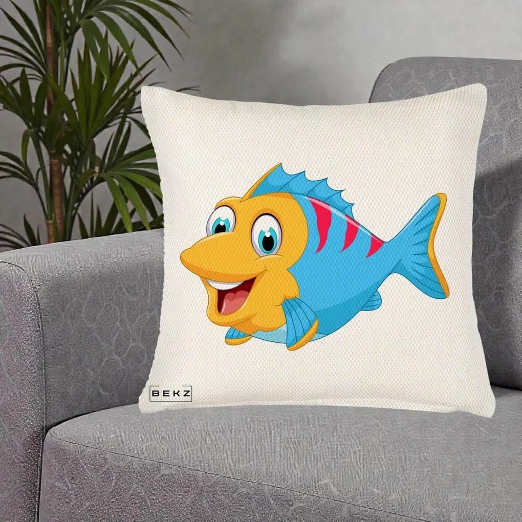 Perna Decorativa Peste Vesel Cartoon, 40x40 cm, Crem Reliefat, Husa Detasabila, Perna Inclusa, BEKZ®