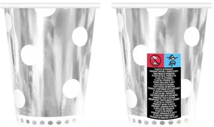 Colorat B&amp;C Polka Dots Silver Pahar de hârtie argintiu 6 buc 266 ml