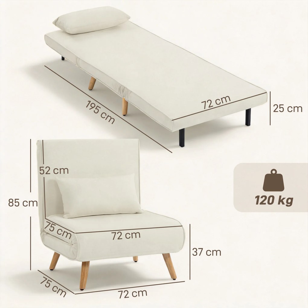 HOMCOM Fotoliu-șezlong convertibil 3 în 1 pat/fotoliu 1 loc, spătar 5 poziții, material textil cu pernă, crem | Aosom Romania