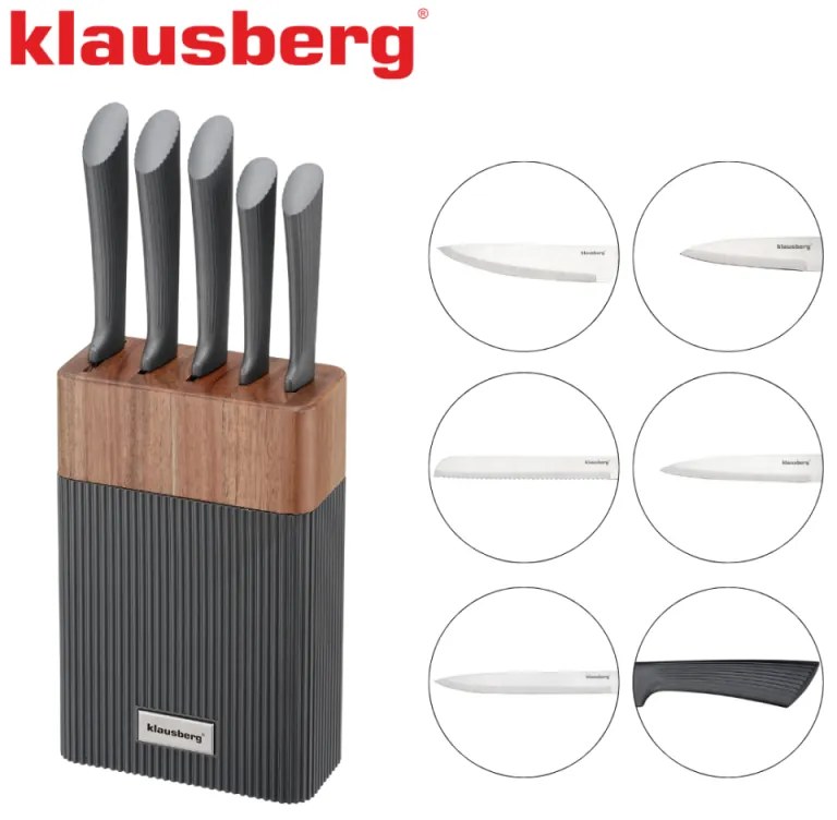 Set cuțite Klausberg KB 7979, 6 piese, Oțel inoxidabil, Suport, Grafit/maro
