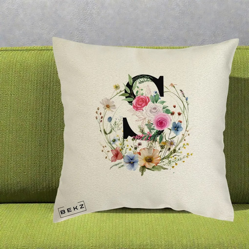 Cadou Personalizat - Perna Personalizata Monogram Litera S cu Flori Acuarela, 40x40 cm, Ecru, Husa Detasabila, Perna Inclusa, BEKZ®