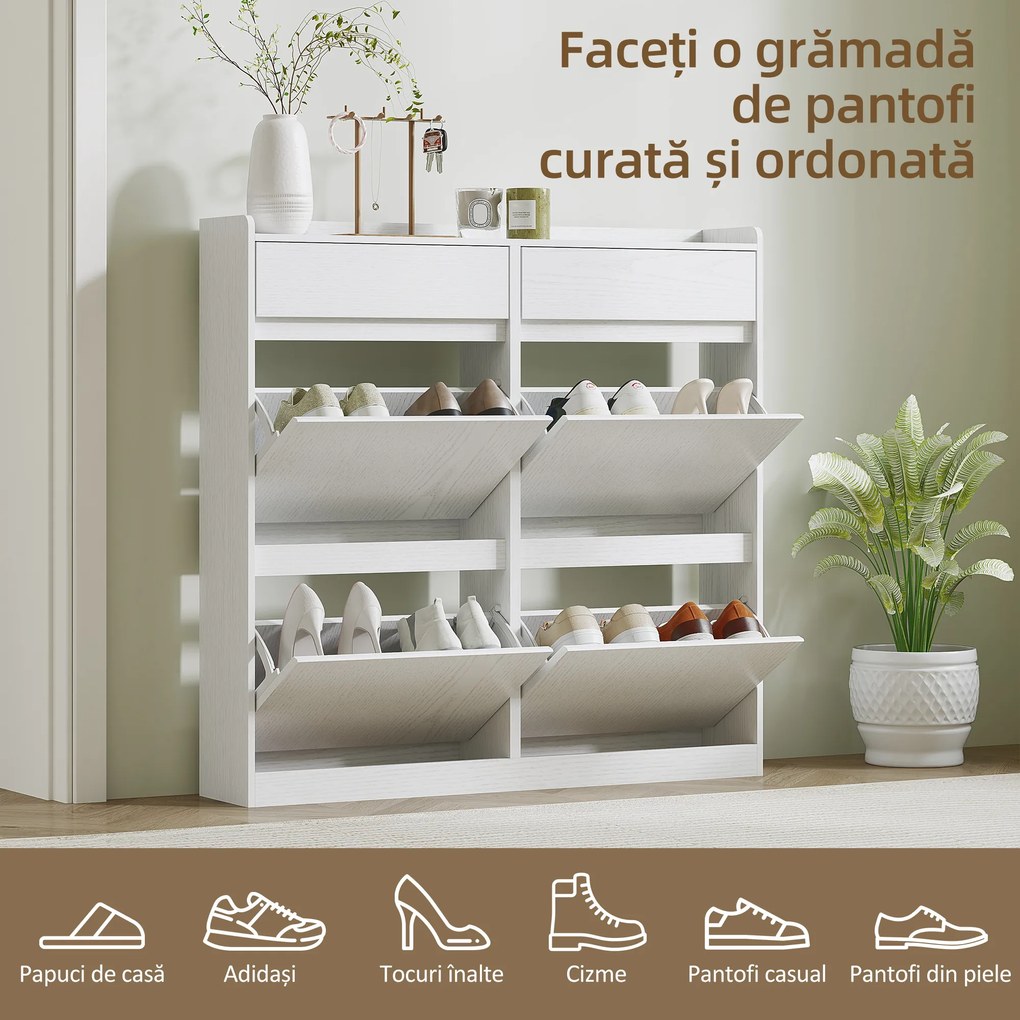HOMCOM Dulap pentru Pantofi cu 4 Sertare Rabatabile și 2 Sertare Glisante Alb | Aosom Romania