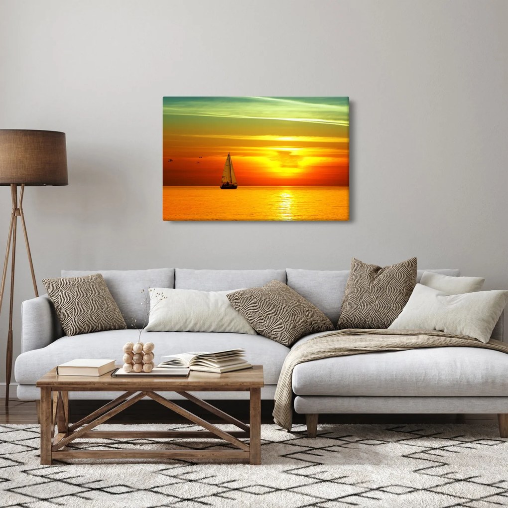 Tablou cu apus de soare și iaht (90x60 cm)