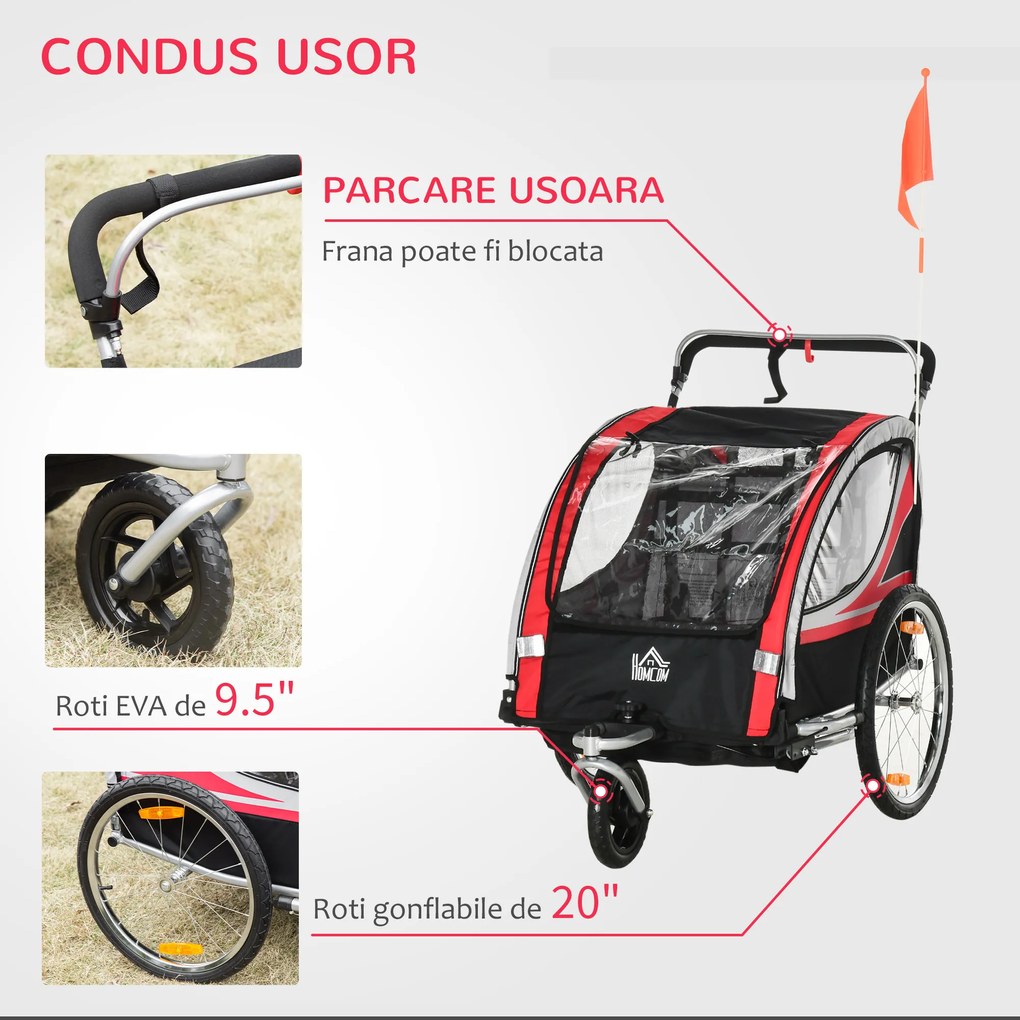 HOMCOM Remorca Bicicleta 2 in 1 pentru Copii cu Centura 5 Puncte si Accesorii Siguranta, Rosu | Aosom Romania