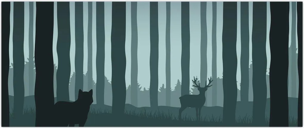 Tablou - Cerb cu lup pe stânci (120x50 cm)