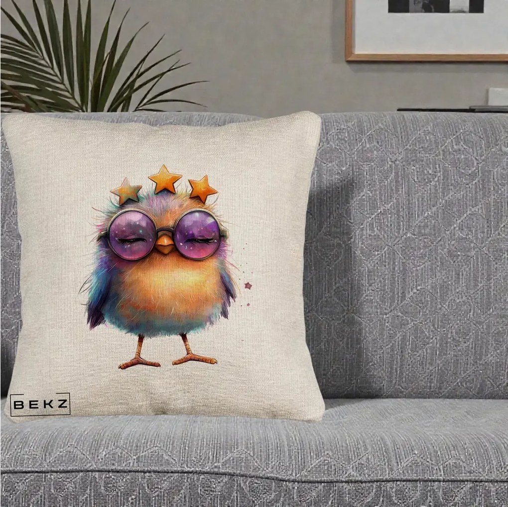 Perna Decorativa Pui Pop Star cu Ochelari Stele Violet, 40x40 cm, Bej Canapea, Husa Detasabila, Perna Inclusa, BEKZ®