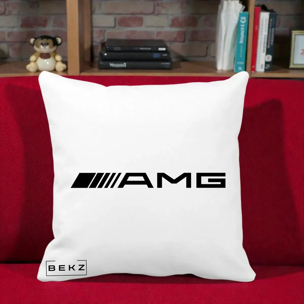Perna Personalizata cu emblema Mercedes-AMG, 40x40 cm, Alba Mata, Husa Detasabila, Perna Inclusa, BEKZ®