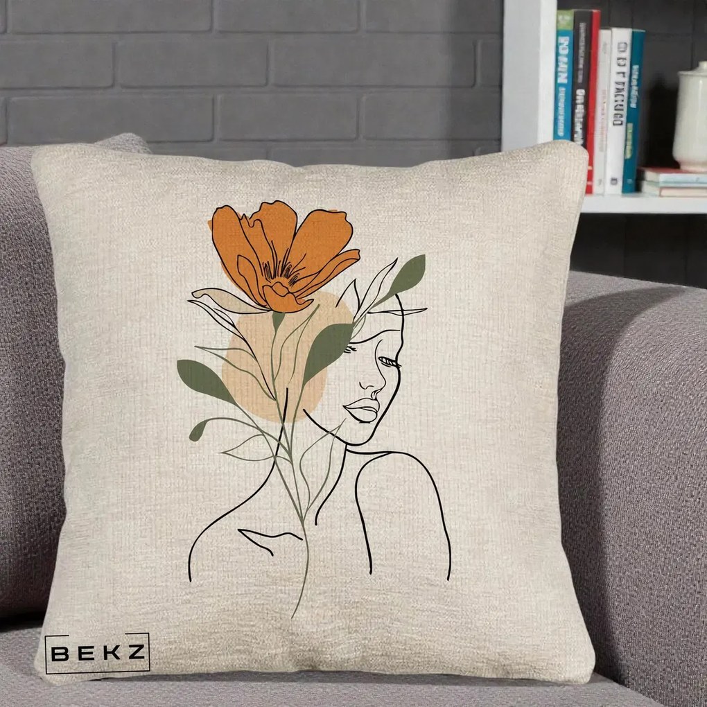 Perna Decorativa Portret Feminin Floare Portocalie, 40x40 cm, Bej Canapea, Husa Detasabila, Perna Inclusa, BEKZ®