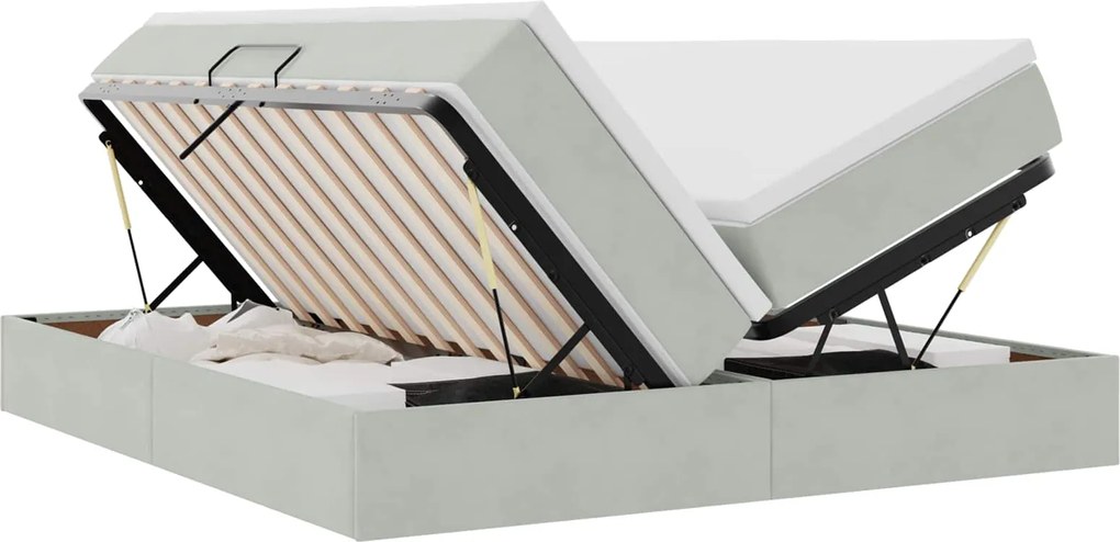 vidaXL Pat cu saltea și spațiu de depozitare Gri deschis 200 x 200 cm