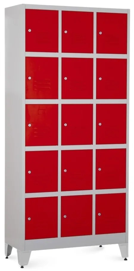 Dulap metalic - 15 cutii, 90 x 40 x 196,5 cm, picioare reglabile, încuietoare cilindrică, roșu - ral 3000
