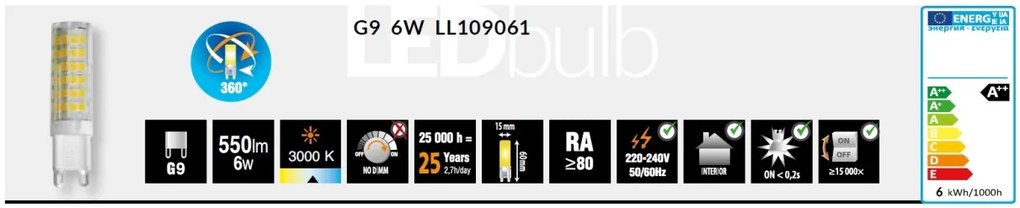 Bec LED G9 lumina calda BULB 6W / 3000K