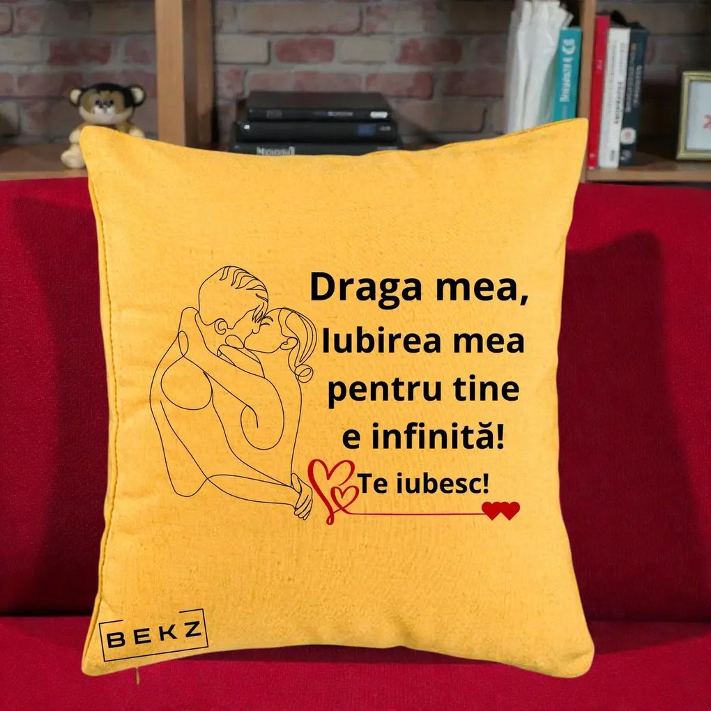 Cadou pentru Iubita - Perna Personalizata Draga Mea Iubirea Mea pentru Tine e Infinita Te Iubesc, 40x40 cm, Galben, Husa Detasabila, Perna Inclusa, BEKZ®