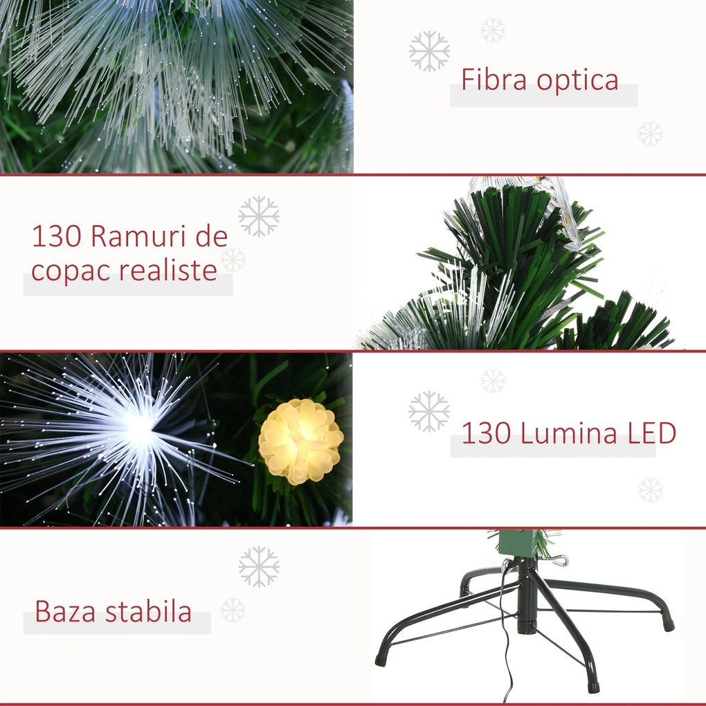 Brad de Craciun artificial de 120 cm, cu 130 de ramuri cu lumina LED cu fibra optica, baza pliabila detasabila, verde Φ63x120cm HOMCOM | Aosom Romania