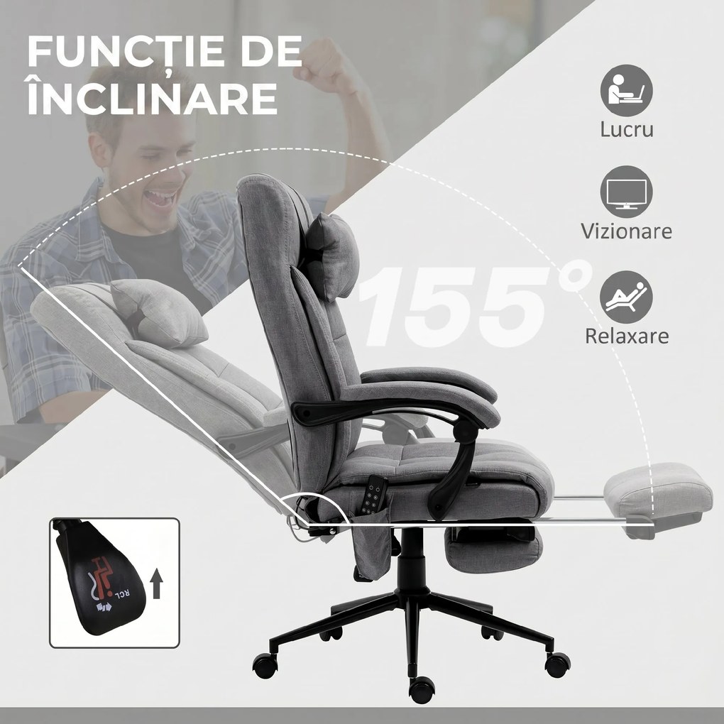 Vinsetto Scaun Birou cu Masaj și cu Încălzire, Fotoliu Birou cu Spătar Înclinabil 155°, Suport Picioare, 66x76x112-120cm,Gri | Aosom Romania
