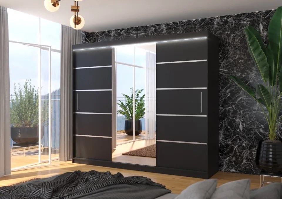 Dulap cu usi glisante si oglinda + iluminare LED, Salto 250 + LED, 250 cmx215cmx58 cm, ADRK Furniture (Culoare: Ciocolata)
