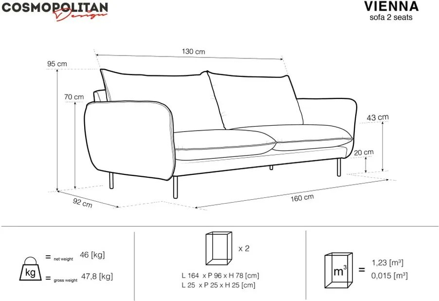 Canapea țesătură catifea Cosmopolitan Design Vienna, 160 cm, bej