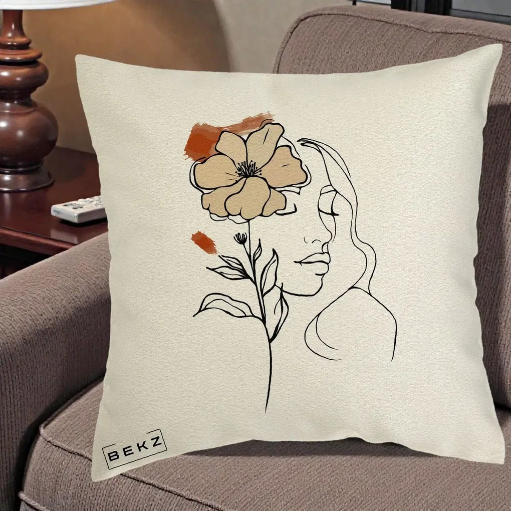 Perna Decorativa Portret Feminin Floare Bej Terracotta, 40x40 cm, Ecru, Husa Detasabila, Perna Inclusa, BEKZ®