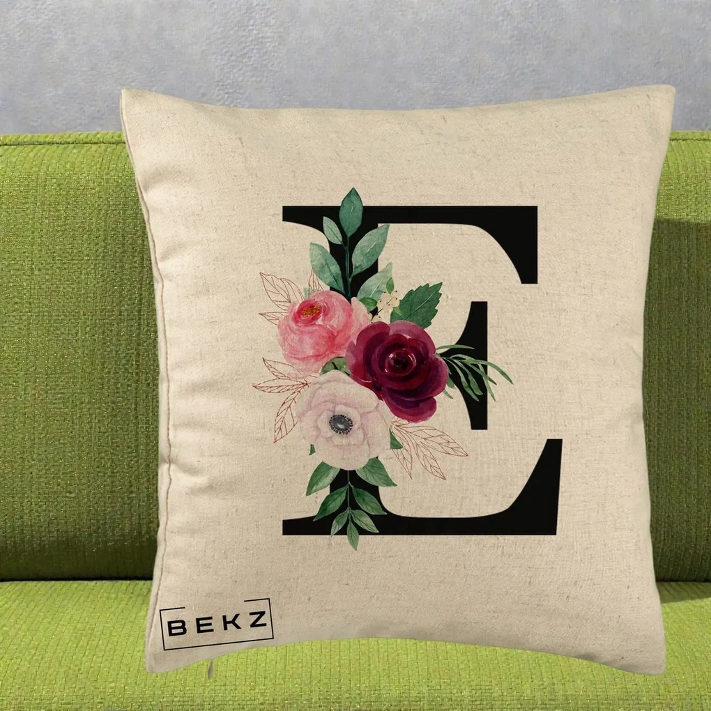 Cadou Personalizat - Perna Personalizata Monograma Florala Litera E, 40x40 cm, Bej, Husa Detasabila, Perna Inclusa, BEKZ®