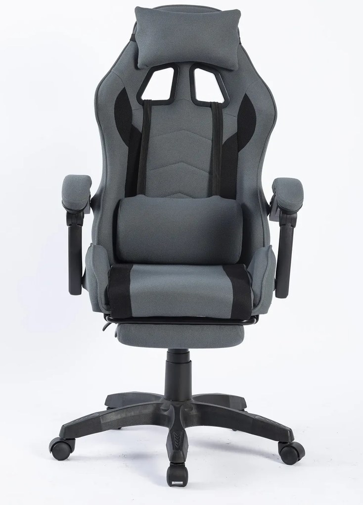 Scaun gaming, masaj în perna lombară, suport picioare, textil, Gri