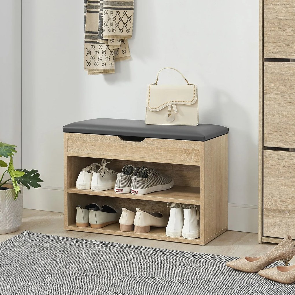 Suport pantofi cu capac rabatabil si scaun tapitat 60 x 30 x 44 cm aspect lemn