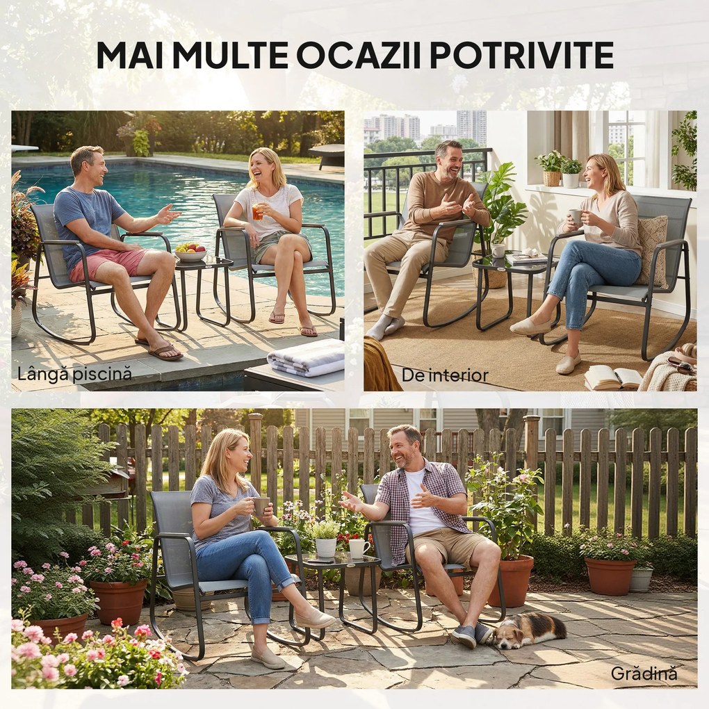 Outsunny Set Bistro din 3 Piese, Set de Grădină cu 2 Scaune de Exterior cu Mișcare de Legănare din Textilenă Respirabilă, Masă cu Blat din Sticlă, Set Masă și Scaune din Oțel pentru Terasă și Balcon, Gri | Aosom Romania