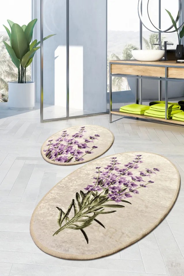 Set 2 Covorase de Baie Lavender DJT, Crem / Violet