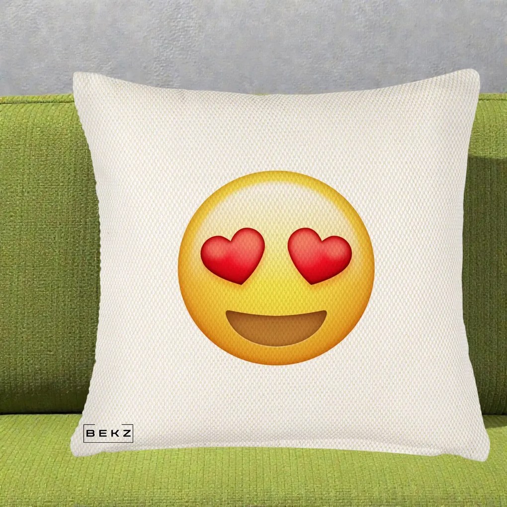 Perna Decorativa Emoji Inimi in Ochi, 40x40 cm, Crem Reliefat, Husa Detasabila, Perna Inclusa, BEKZ®