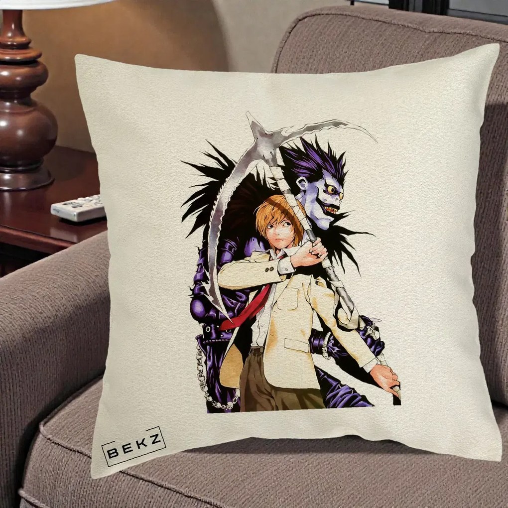 Perna Personalizata Death Note Light si Ryuk Duo, 40x40 cm, Ecru, Husa Detasabila, Perna Inclusa, BEKZ®
