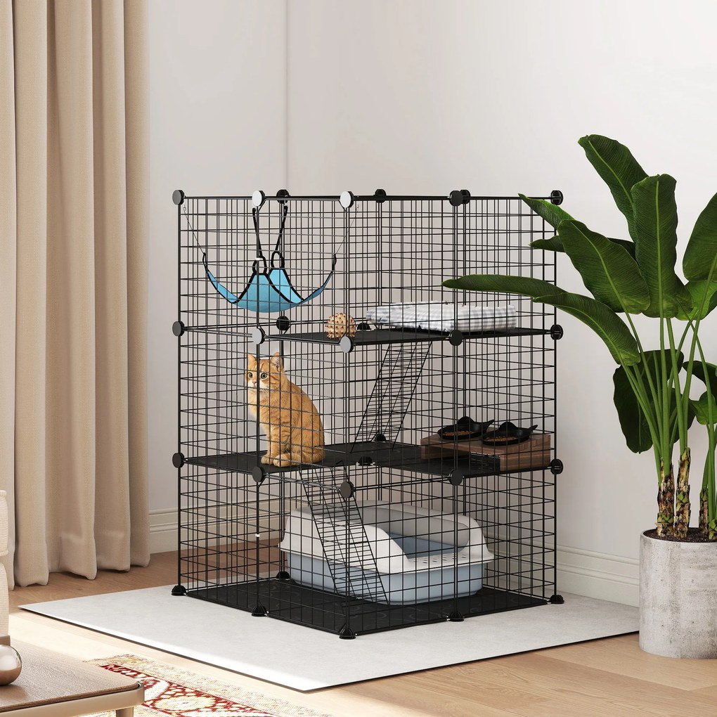 PawHut Cușcă pentru Pisici 105 cm de Interior, Recinto din Oțel cu 3 Uși, Design Personalizabil DIY pentru Pisoi, Spațiu pe 3 Niveluri cu Scări, Hamac și Platformă, Negru | Aosom Romania